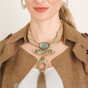GREEN SIMULATED STONE TASSEL-BIB NECKLACE NWT
